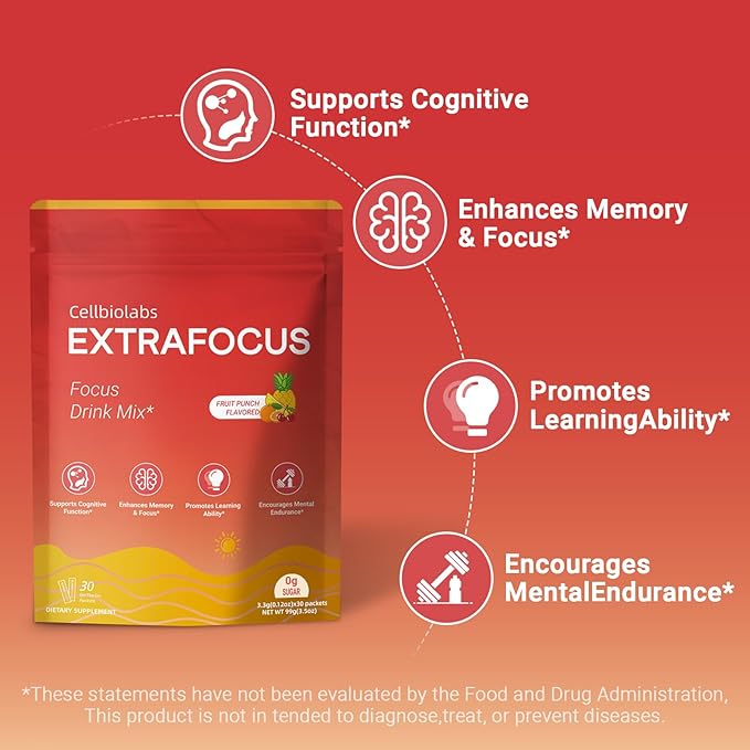 Nootropic Extra Focus Drink Mix, 30 Packs On-The-Go Sticks, Featuring Alpha-GPC, Lion's Mane & Rhodiola, Sugar-Free Packets Fruit Punch Clean Drink Mix
