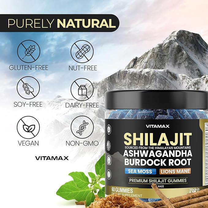 Pure Shilajit Gummies, Sea Moss, Ashwagandha, 105+ Trace Minerals – Organic Burdock Root & Lions Mane Mushroom - Blue Razz – Vegan & Non-GMO – Made in USA – 60ct
