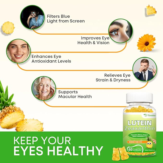 Lutein 20 mg with Zeaxanthin Gummies, Lutein and Zeaxanthin Supplements with Eye Vitamins C, E, Bilberry for Eye Health - 60Cts