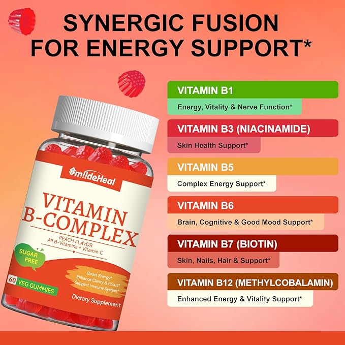 Vitamin B Complex Gummies for Women & Men - Vitamin B12, B1, B2, B3, B5, B6, B7 & B9 - B Complex with Vitamin C & Choline - Energy & Immune Support* - Vegan, Sugar Free, Peach Flavor - 60 Gummies