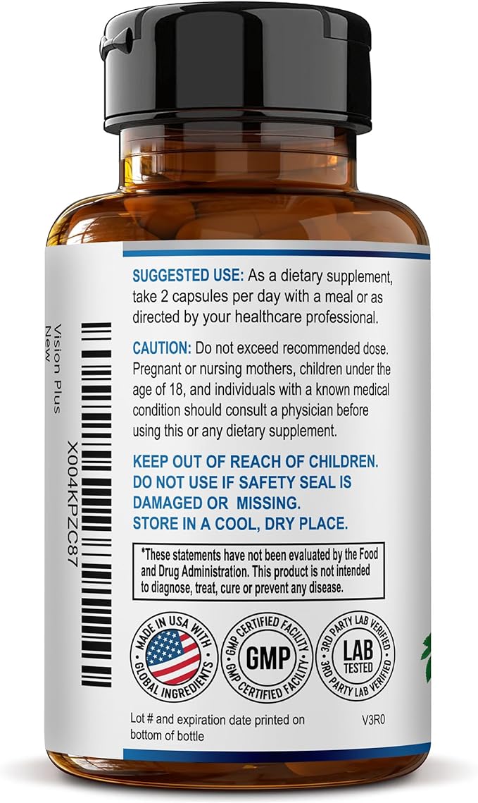 Vision Plus Complete Eye Supplements for Adults – Eye Vitamins for Seniors with Lutein, Bilberry, and Zeaxanthin – Eye Vitamin and Mineral Supplement for Clarity and Sight Care – 60 Capsules