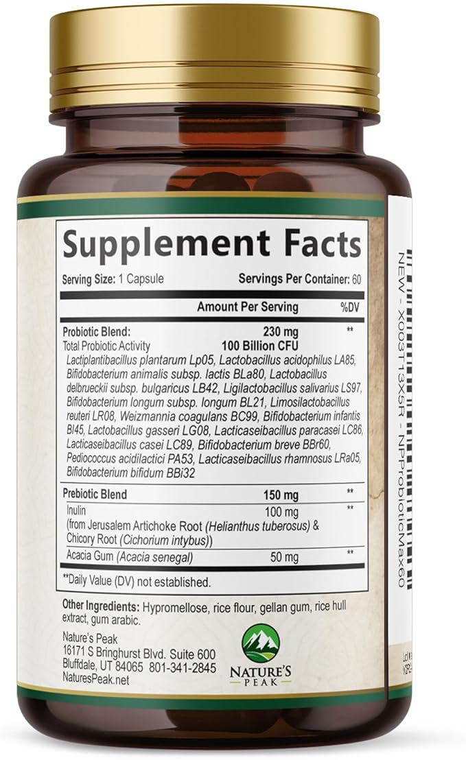 Probiotics 100 Billion CFU Per Serving - 16 Premium Probiotic Strains Prebiotics - Immune Support, Gut Health, Occasional Constipation, Gas & Bloating, Probiotics Supplement, USA Bottled, 60 Capsules