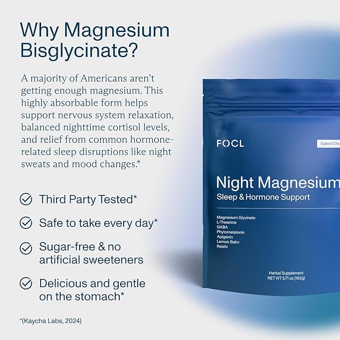 FOCL Night Magnesium Sleep Drink Mix, Natural Sleep Aid Powder for Adults with L-Theanine, Apigenin, Reishi and GABA, Sugar-Free, Non-GMO, Salted Chocolate