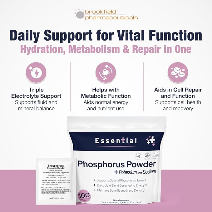Phosphorus Supplements 100 Packets, Dietary Supplements Powder with Sodium Phosphate and Potassium Phosphate, Fruit Flavored Phosphorous Supplement Powder for Electrolyte, Bone Health & Kidney Health