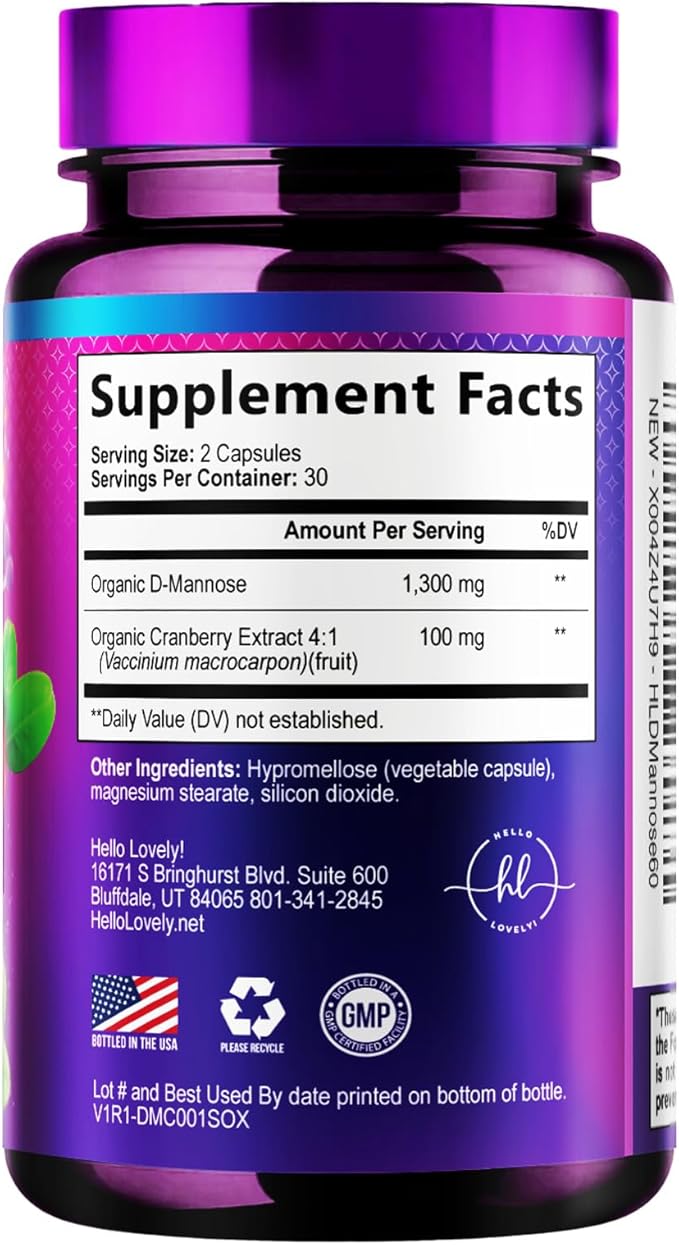 Organic D Mannose 1300mg per Serving Supplements - Extra Strength D-Mannose Capsules with Cranberry - for Natural Gentle Cleansing & Urinary Tract Health Support - Bottled in USA - 60 Capsules