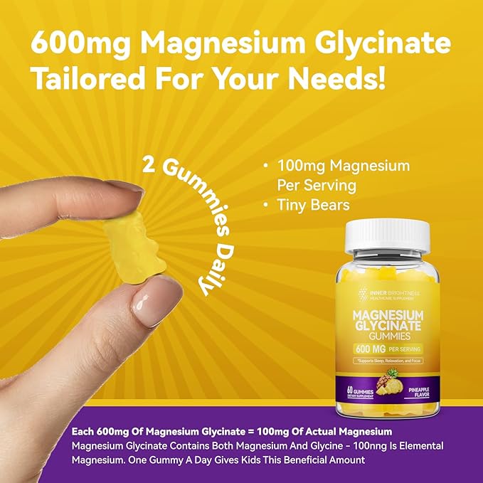 Magnesium Glycinate Gummies 600mg, Non-GMO, Gluten-Free, Magnesium Gummies for Adults & Kids, Sleep, Relaxation & Focus, Pineapple Flavor, 60 Count