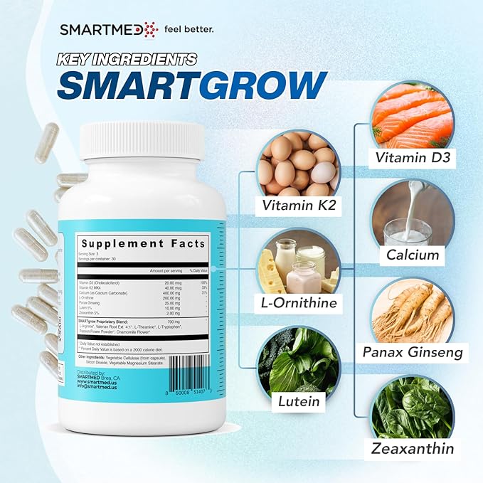 SmartGrow Premium Growth Formula for Teens – Bone, Brain, Sleep & Eye Support – Calcium, Vitamin D3, Amino Acids – Daily Wellness Supplement (180 Capsules) – 3 Month Supply