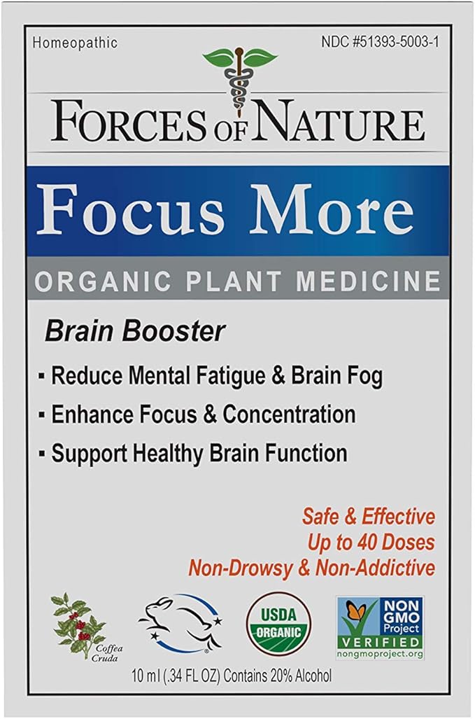 Forces of Nature Organic, Natural Focus More Brain Health Support with Dandelion & Wild Lettuce, Sublingual Tincture Helps Support Memory, Concentration, Non-GMO, 0.34 Fl Oz