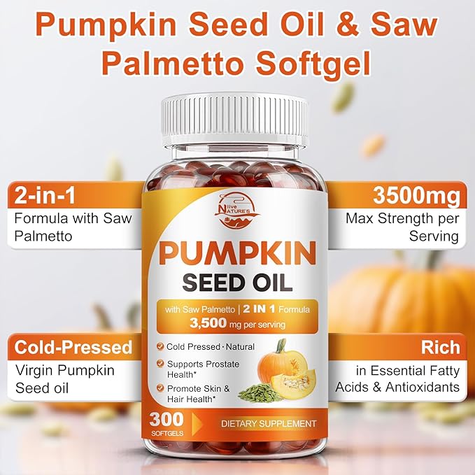 Pumpkin Seed Oil with Saw Palmetto, 3500mg Max Strength per Serving, 300 Softgels, Cold-Pressed with Essential Fatty Acids & Phytosterols, Supports Immune, Hair, Bladder & Prostate Health