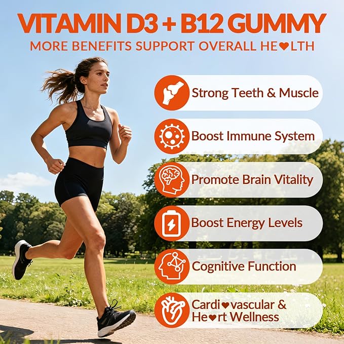 Vitamin D3 B12 Gummies, Vitamin D 10000IU & 500mcg Methyl B12 with Vitamin A, C, K, Calcium, Magnesium, Zinc for Women & Men, Support Eye, Bone, Energy
