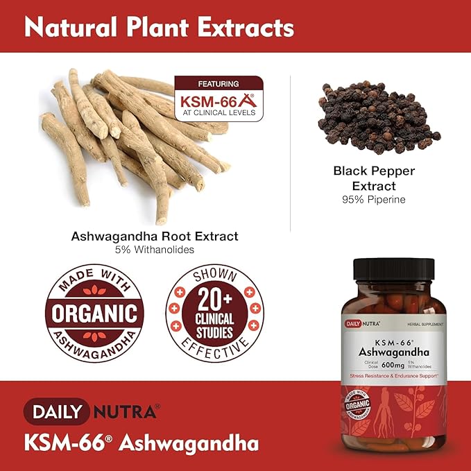 DailyNutra KSM-66 Ashwagandha 600mg Organic Root Extract - High Potency Supplement with 5% Withanolides | Relieves Tiredness, Supports Relaxation, Focus, Energy, & Muscle Growth (60 Capsules)