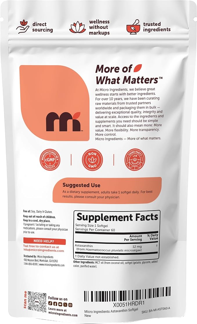 Micro Ingredients Astaxanthin 12mg with MCT Oil, 60 Softgels | Fresh Microalgae Source | Triple Strength, Easy to Swallow, Non-GMO, Gluten Free, Soy Free