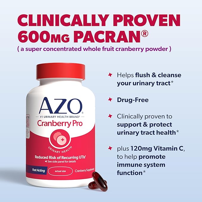 AZO Cranberry Pro Urinary Tract Health Supplement 600mg PACRAN, 1 Serving : More Than 1 Glass of Cranberry Juice, Sugar Free Cranberry Pills, Non-GMO 100 Softgels (Pack of 2)