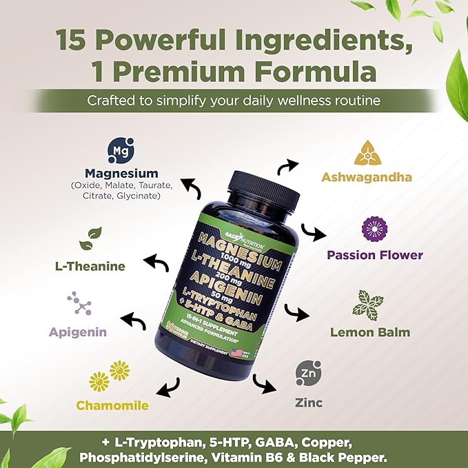 Gade Nutrition Magnesium Glycinate & Magneisum Supplements with Apigenin, L Theanine 200 mg, 5 HTP, GABA Calm Brain Booster Supplement Sleep Aid Ashwagandha L Tryptophan Chamomile
