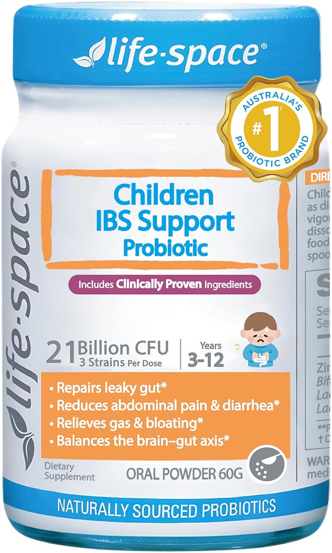 Life-Space Children IBS Support Probiotic, Clinically Proven to IBS Relief, 4 in 1 Kids Probiotic, 21 Billion CFU, Supports Reduce Symptoms of IBS, Include Bloating, Gas & Diarrhea, 60 Grams