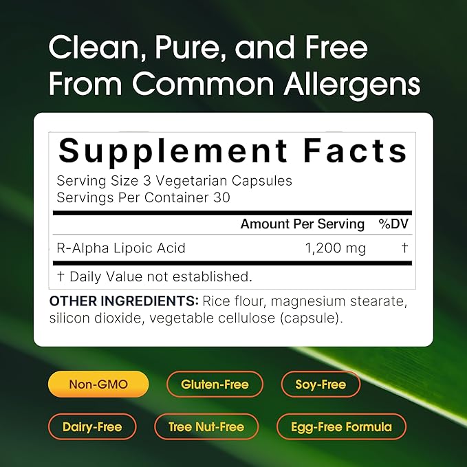 NatureBell R-Alpha Lipoic Acid - 90 Capsules - Delivers 1,200mg R-ALA Per Serving - Antioxidant & Cellular Energy Support* - Stabilized R-Isomer ALA - Non-GMO & Gluten-Free