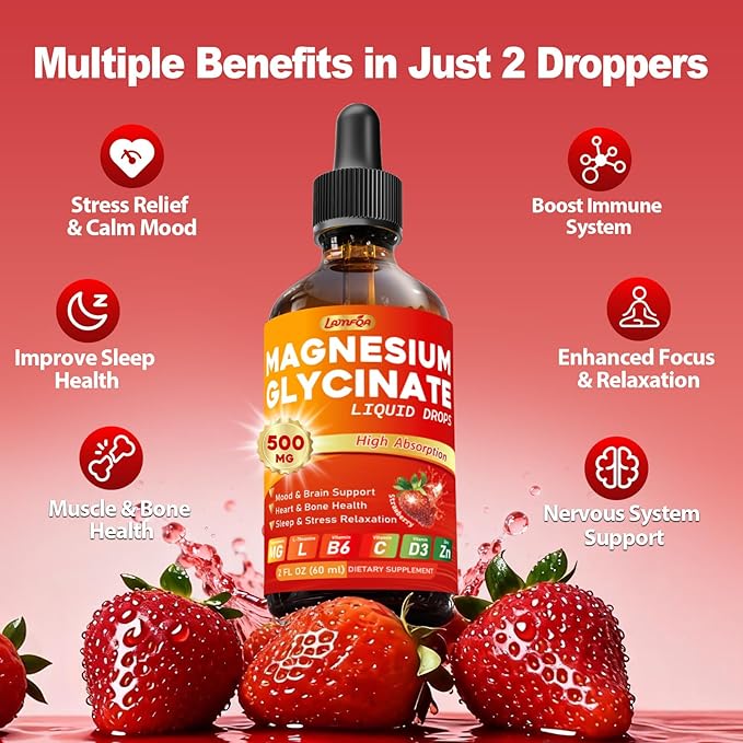 Magnesium Glycinate Liquid Drops 500mg – High Absorption with Vitamin B6, D3, C, Zinc – Supports Mood, Sleep, Heart & Bone Health – Vegan, Non-GMO, Gluten Free – 2 FL OZ, Strawberry Flavor