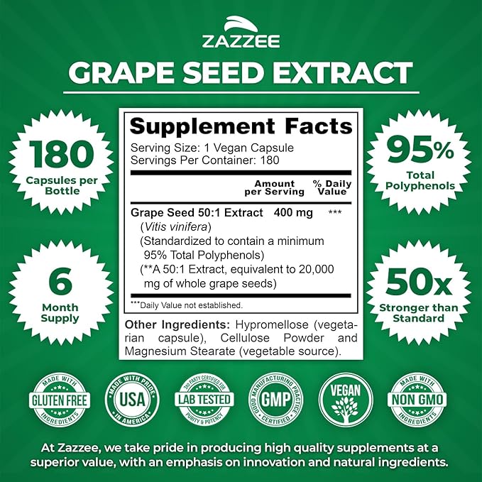 Zazzee High Strength Grape Seed 50:1 Extract, 180 Vegan Capsules, 95% Polyphenols, 400 mg per Capsule, 6 Month Supply, Antioxidant, Circulation & Blood Flow Support, Non-GMO, Made in the USA