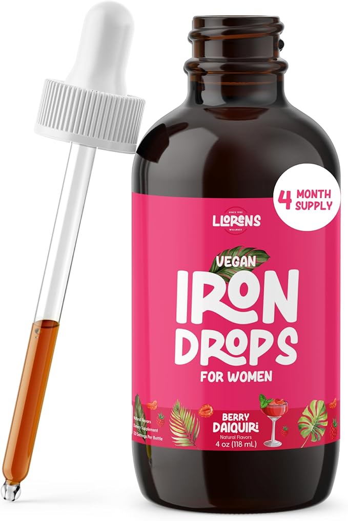 LLORENS PHARMACEUTICAL High Potency Iron Drops for Women, 20mg Elemental Iron (Polysaccharide Complex) per 1mL, Gentle on Stomach, Vegan, Natural Sweeteners (Berry Daiquiri, 4 Fl Oz)