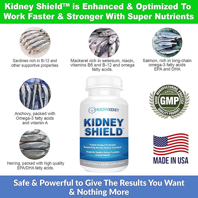 Kidney Shield Omega 3 Fish Oil Supplements - DHA EPA Omega 3 Supplement for Women & Men Kidney Health - Omega3 to Support Normal Kidneys Function & Cleanse, Detox & Repair - 120 Lemon Softgels