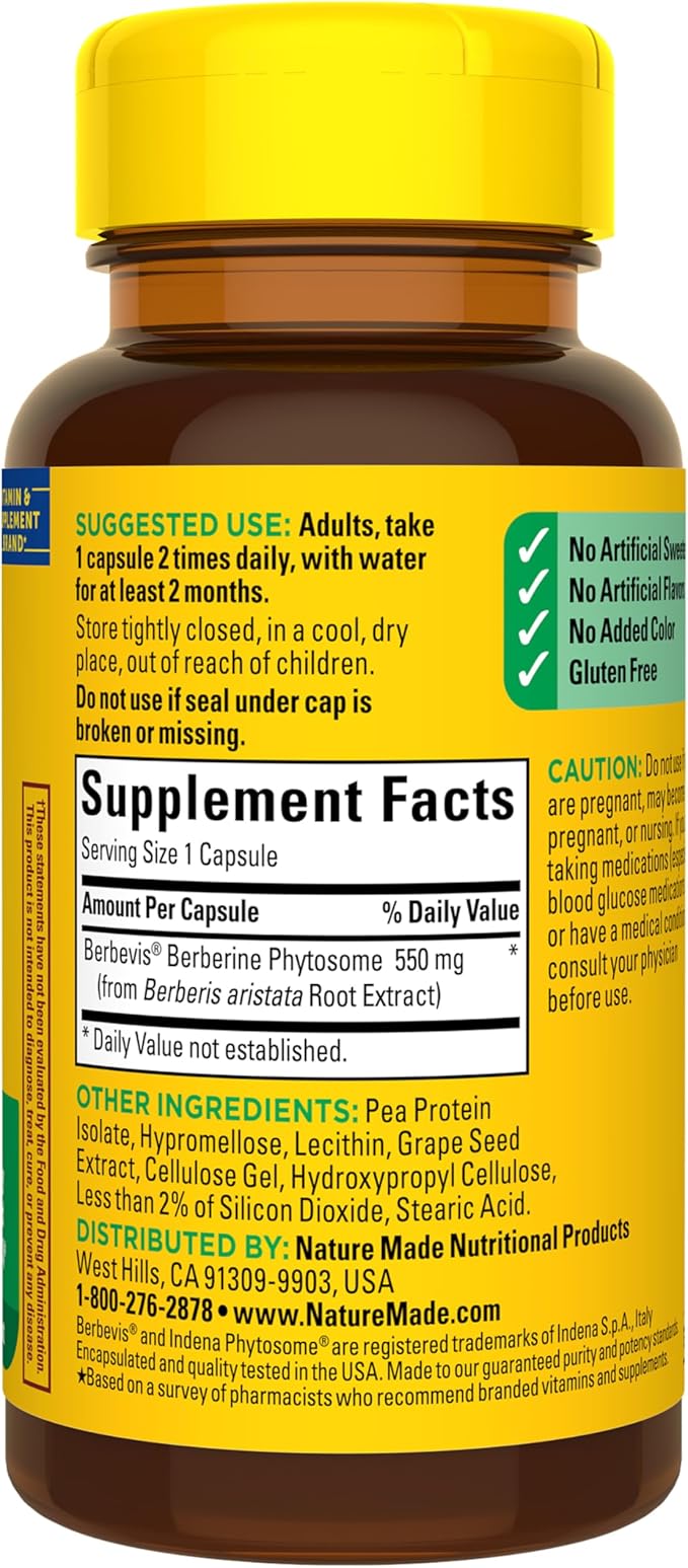 Nature Made Better Absorption Berberine Phytosome Supplement, 1100mg Per 2 Capsules Daily, Berberine Supplement for Cardiovascular Health Support, 60 Capsules, 30 Day Supply