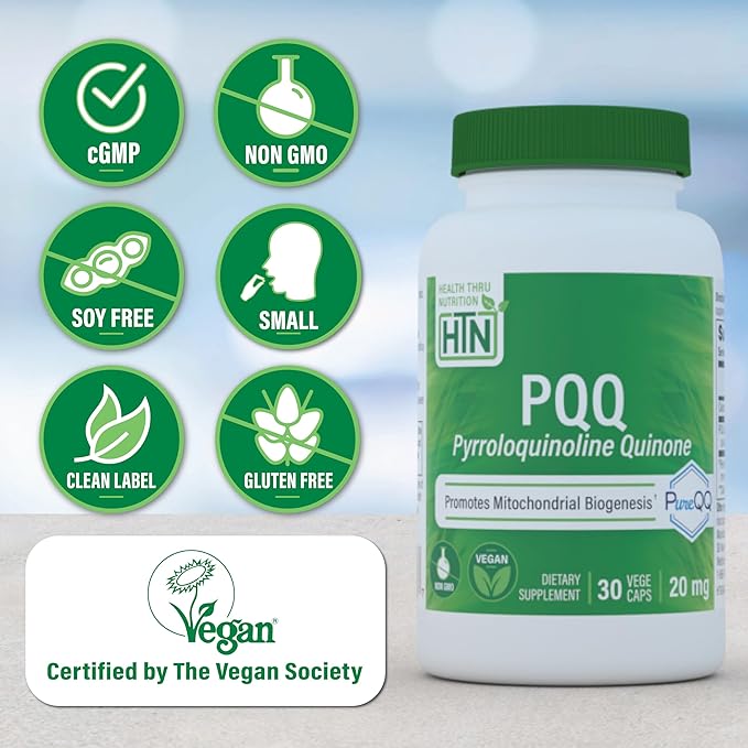 Health Thru Nutrition PQQ 20mg 30 Servings Pyrroloquinoline Quinone as PureQQ | Promotes Mitochondrial Biogenesis | Certified Vegan | Non-GMO Gluten Soy Free Capsules| Clean Label PQQ Supplement