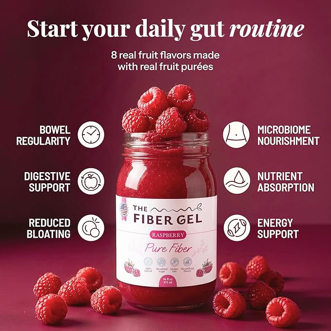The Fiber Gel High Dietary Fiber Prebiotic Gel Formula — 100% Natural & Clean Label — Plant-Based Psyllium Husk & Inulin Complex — Keto Friendly, Vegan, No Added Sugar — Raspberry, 32 oz