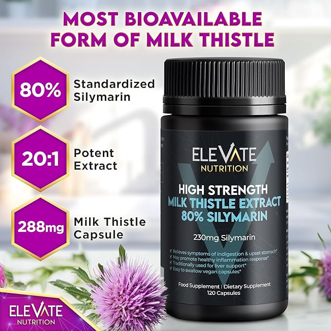 ELEVATE NUTRITION Milk Thistle - 288 mg, 80% Silymarin Extract - 120 Vegan Capsules - Dietary Health Supplement - Helps Maintain Liver Function & Digestive Comfort