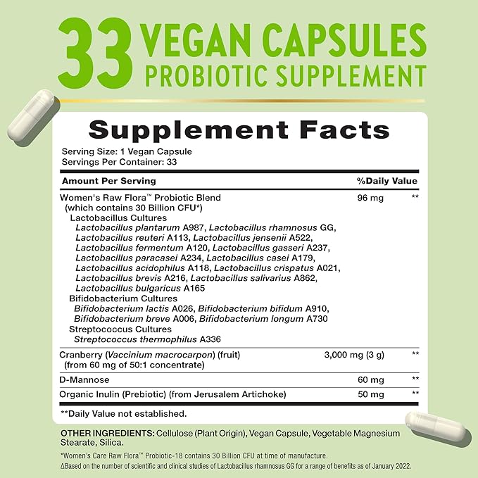 Raw Flora Probiotics for Women | 30 Billion CFU | 33 Capsules | with Cranberry and D-Mannose | Vegan, Non-GMO & Gluten Free Supplement
