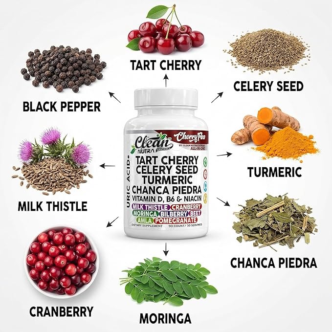 Cherry Flow Tart Cherry Capsules Uric Acid Support Celery Seed Turmeric Chanca Piedra Vitamin D Vitamin B6 Niacin Milk Thistle Moringa Extract Pomegranate Beets 90 Count By Clean Nutra
