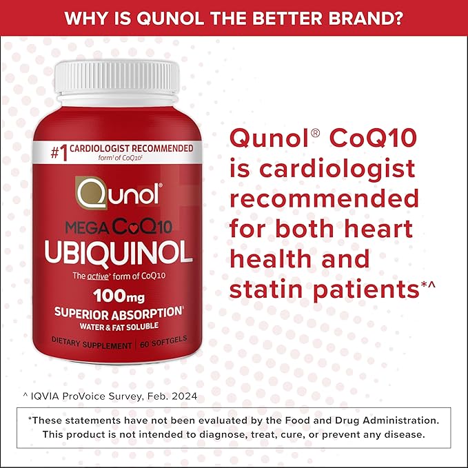 Qunol Ubiquinol CoQ10 100mg Softgels, Qunol Mega Ubiquinol 100mg - Superior Absorption - Active form of Coenzyme Q10 for Heart Health - 2 Month Supply - 60 Count