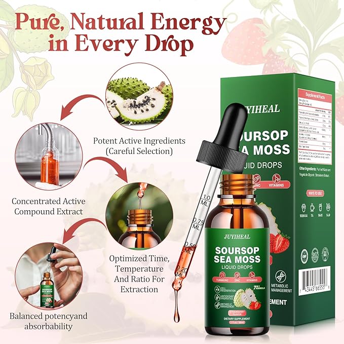 7-in-1 Soursop Bitters Liquid, Soursop Oil with Sea Moss & Turmeric & Vitamin for Immune & Digestive & Cell Support, Sugar-Free | Non-GMO | Vegan (2 Fl oz) Strawberry
