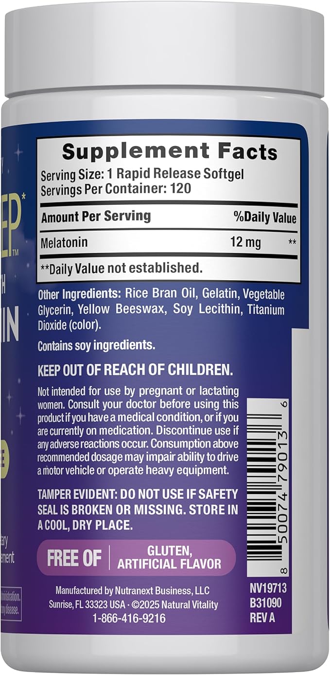 Natural Vitality Melatonin Softgels | 12mg Maximum Strength Supplement | 100% Drug Free | 120 Count