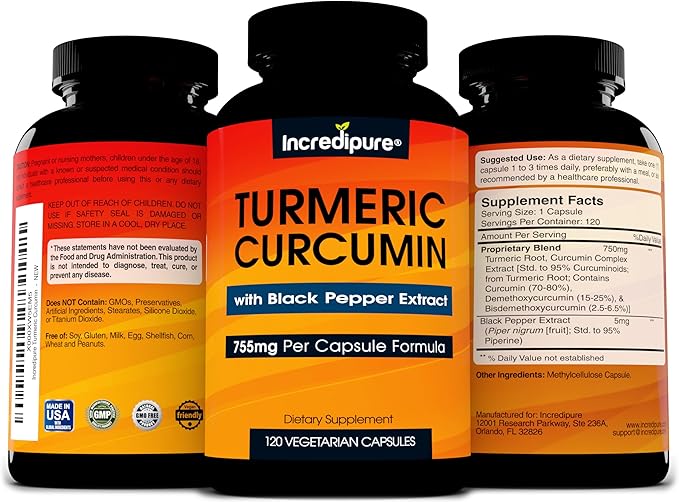 Turmeric Curcumin Supplement with Black Pepper Extract - 755mg Per Capsule, 120 Veggie Caps by Curcumin Incredipure