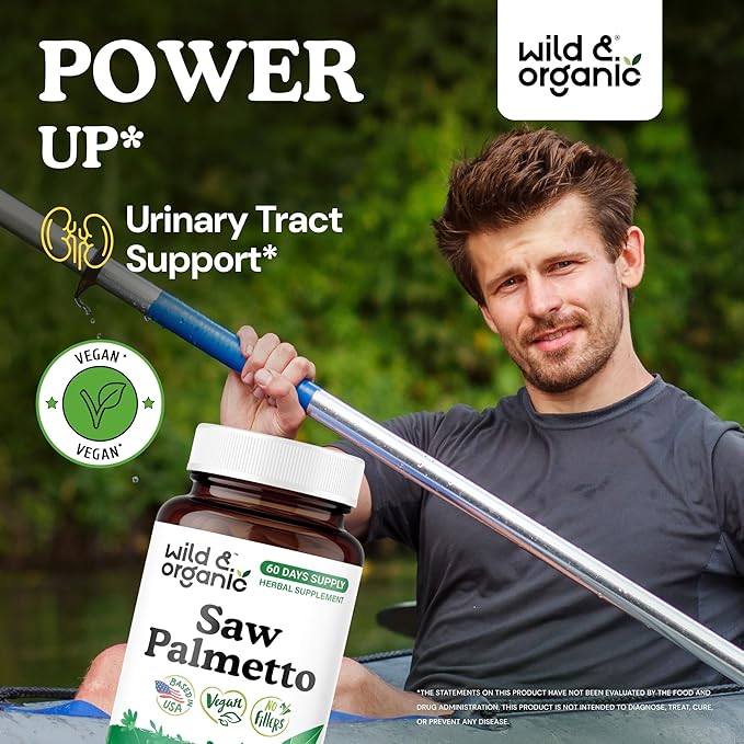 Wild & Organic Saw Palmetto Capsules 500 mg - Urinary Tract Support for Men & Women - Pure Saw Palmetto Powder Supplement - Serenoa Repens Berries - 60 Days of Supply - Vegan, Non-GMO - 60 Count