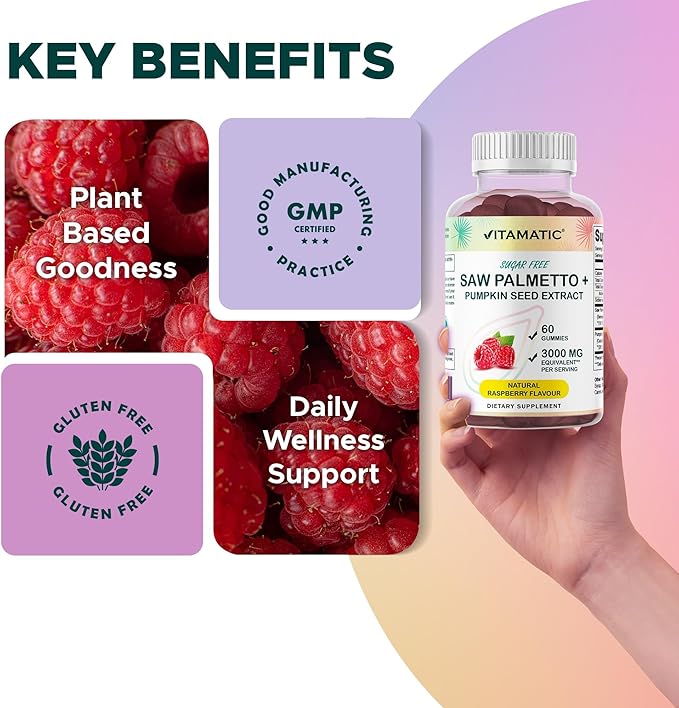 Vitamatic Saw Palmetto & Pumpkin Seed Gummies – Sugar-Free Botanical Extract – Natural Raspberry Flavor – Vegan, Non-GMO, Plant-Based Gummies – 60 Count