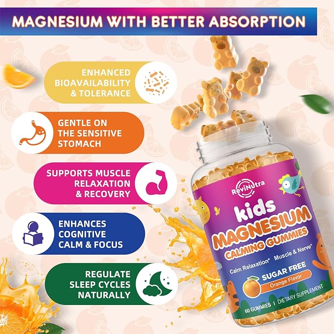 Calm Magnesium Gummies for Kids - Magnesium Glycinate Supplement for Sleep, Brain, Immune & Bone Health - Great Tasting Magnesium Gummies for Kids & Adults - Vegan Sugar Free Orange 60ct