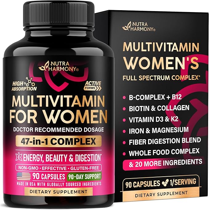 Multivitamin for Women - B-Complex | Whole Foods | Hair Growth Support | Digestion & Metabolism | Iron - 47in1 Womens Multivitamin - Bioavailable & Gentle on Stomach - Made in USA - 90 Capsules