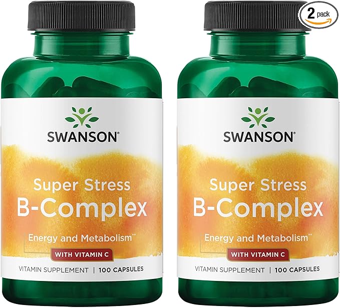 Swanson Super Stress B-Complex with Vitamin C for Stress-Prone Professionals Seeking Energy and Immune Support (100 Capsules, 2 Pack)