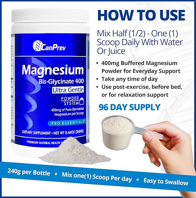 CanPrev Magnesium Bisglycinate 400 Ultra Gentle Powder 240g 48 Servings, 400mg Elemental Magnesium Per Scoop, Supports Restful Nights, Muscle Function, Gentle on Digestion, Vegan, Non-GMO, Gluten-Free