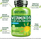 NATURELO Vitamin D - 2500 IU - Plant Based from Lichen - Natural D3 Supplement for Immune System, Bone Support, Joint Health - Vegan - Non-GMO - Gluten Free - 180 Capsules (Pack of 2)