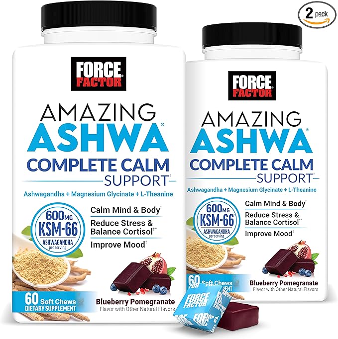 Force Factor Amazing Ashwa Complete Calm Support, KSM-66 Ashwagandha, Like Ashwangandha Gummies to Promote Calm & Relaxation with Magnesium & L-Theanine, Blueberry Pomegranate, 120 Soft Chews, 2-Pack