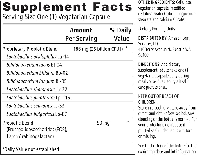 Amazon Basics Probiotic 35 Billion CFU, 8 Probiotic Strains with Prebiotic Blend, Supports Healthy Digestion, 30 Vegetarian Capsules, 1 Month Supply (Previously Solimo) (Pack of 2)