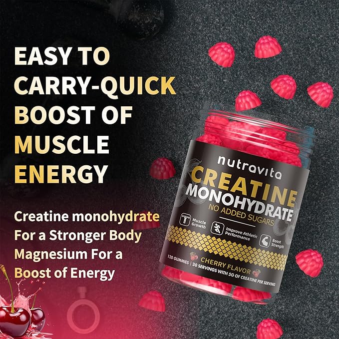 Nutravita NSF Certified Creatine Gummy - Creatine Monohydrate Gummies for Men & Women-5g of Creatine Monohydrate per Serving - Sugar Free,Vegan, Cherry Flavor, 120 Count