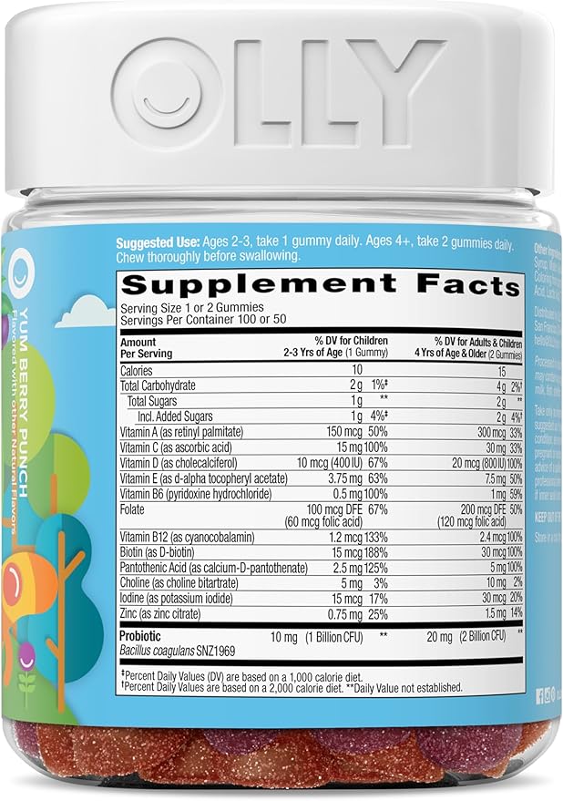 OLLY Kids Multivitamin & Probiotic Gummy, Digestive Support, Vitamins A, D, C, E, B, Zinc, Chewable Supplement, Berry Flavor, 50 day supply - 100 Count