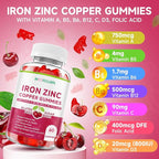 Iron, Zinc, Copper Supplements for Women & Men, Mineral Gummies with Vitamin A, B5, B6, C, D3, B12 for Adults & Kids, Promote Energy, Support Immunity, Bone Health, Sugar Free, Cherry Flavor, 60 Count