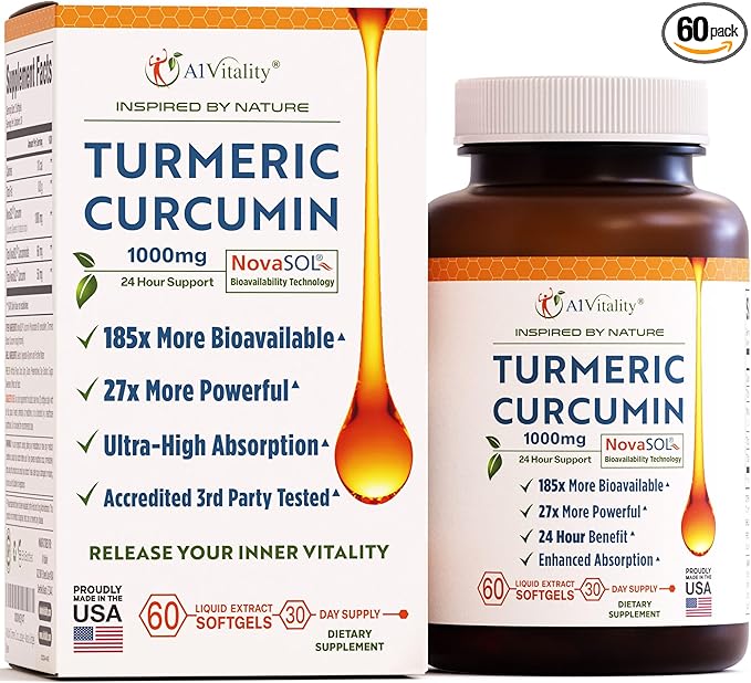 A1Vitality NovaSOL Turmeric Curcumin 1000mg – Clinically Proven 185x Higher Absorption – Promotes Joint Comfort, Mobility & Overall Wellness – Non-GMO, Doctor Formulated, 60 Softgels.