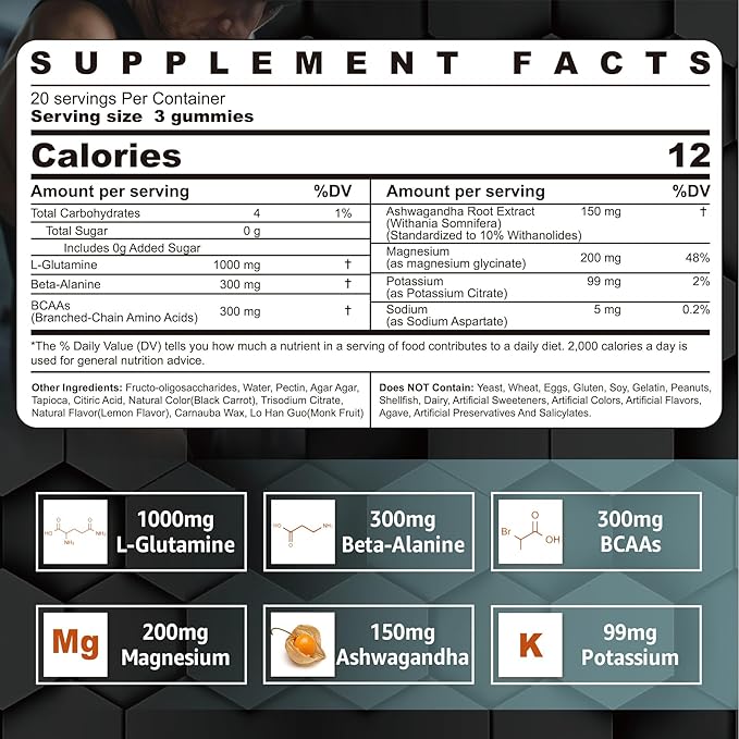 L-Glutamine 1000mg Gummies for Women & Men| with Beta-Alanine, BCAAs, Magnesium Glycinate, Potassium & Ashwagandha | Vegan | Sugar-Free & Extra-Chewy | 120 Counts