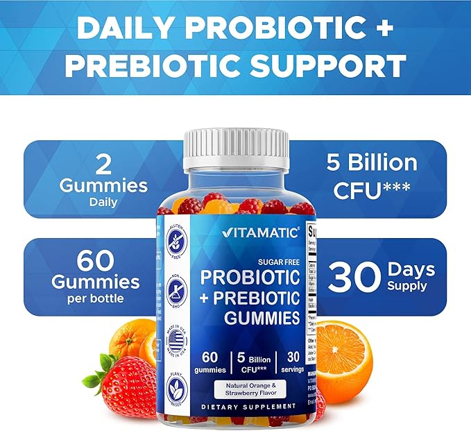 Vitamatic Probiotic Sugar Free Gummies for Men and Women – 5 Billion CFUs Digestive, Immune & Gut Health Support – Gluten Free