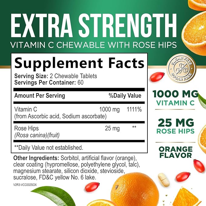 Vitamin C 1000mg Per Serving Chewable - Extra Strength Antioxidants for Powerful Immune Support w/Vitamin C & Rose HIPS, Potent Dietary VIT C Chews Supplement, Natural Orange Flavor, 120 Tablets